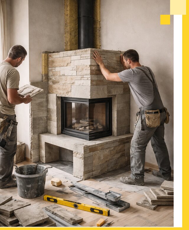 Угловые камины под ключ проект, монтаж и отделка в Щербинке